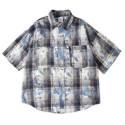 Tie dye printed plaid wide cut shirt