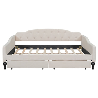 Full Size Upholstered Tufted Daybed with Two Drawers, Beige