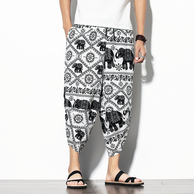 Printed Baggy Cotton Linen Cropped Pants
