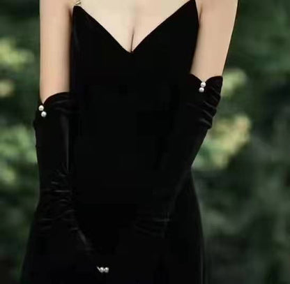 French Retro Hepburn High-end Long Black Gloves