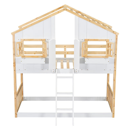 Twin over Twin House Bunk Bed with Roof , Window, Window Box, Door , with Safety Guardrails and Ladder, Natural/White