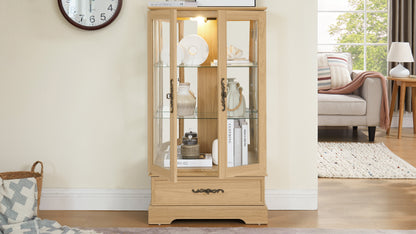 Light colored glass cabinet with adjustable glass frame, including cabinet light bulbs OAK with 2 doors and 1 drawer