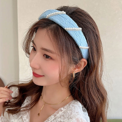 Pearl Mesh Small Flower Hair Band Blue Color