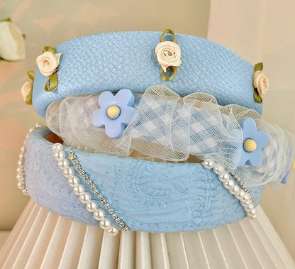 Pearl Mesh Small Flower Hair Band Blue Color