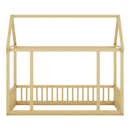 Twin Size Floor Wooden Bed with House Roof Frame and Safety Guardrails,Natural
