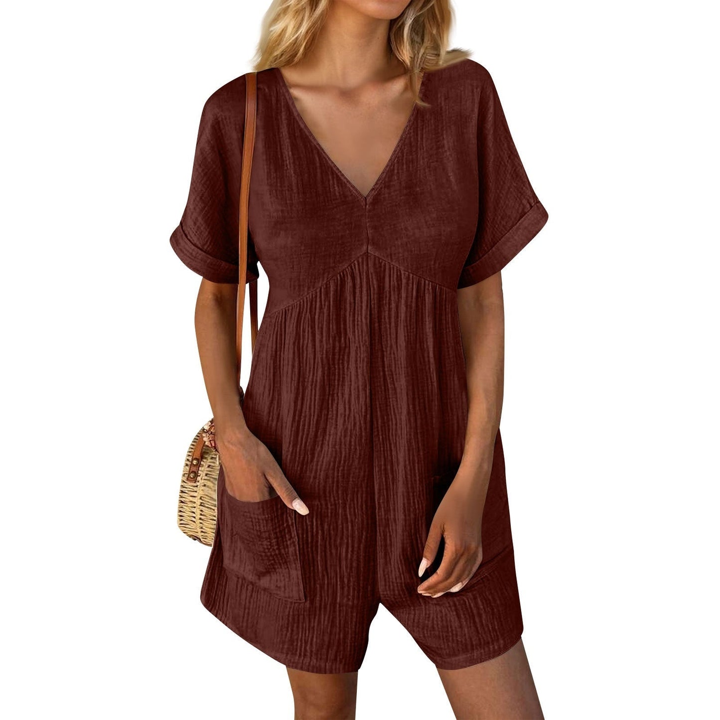 Solid Color V-neck Bat Sleeve Jumpsuit with Pockets