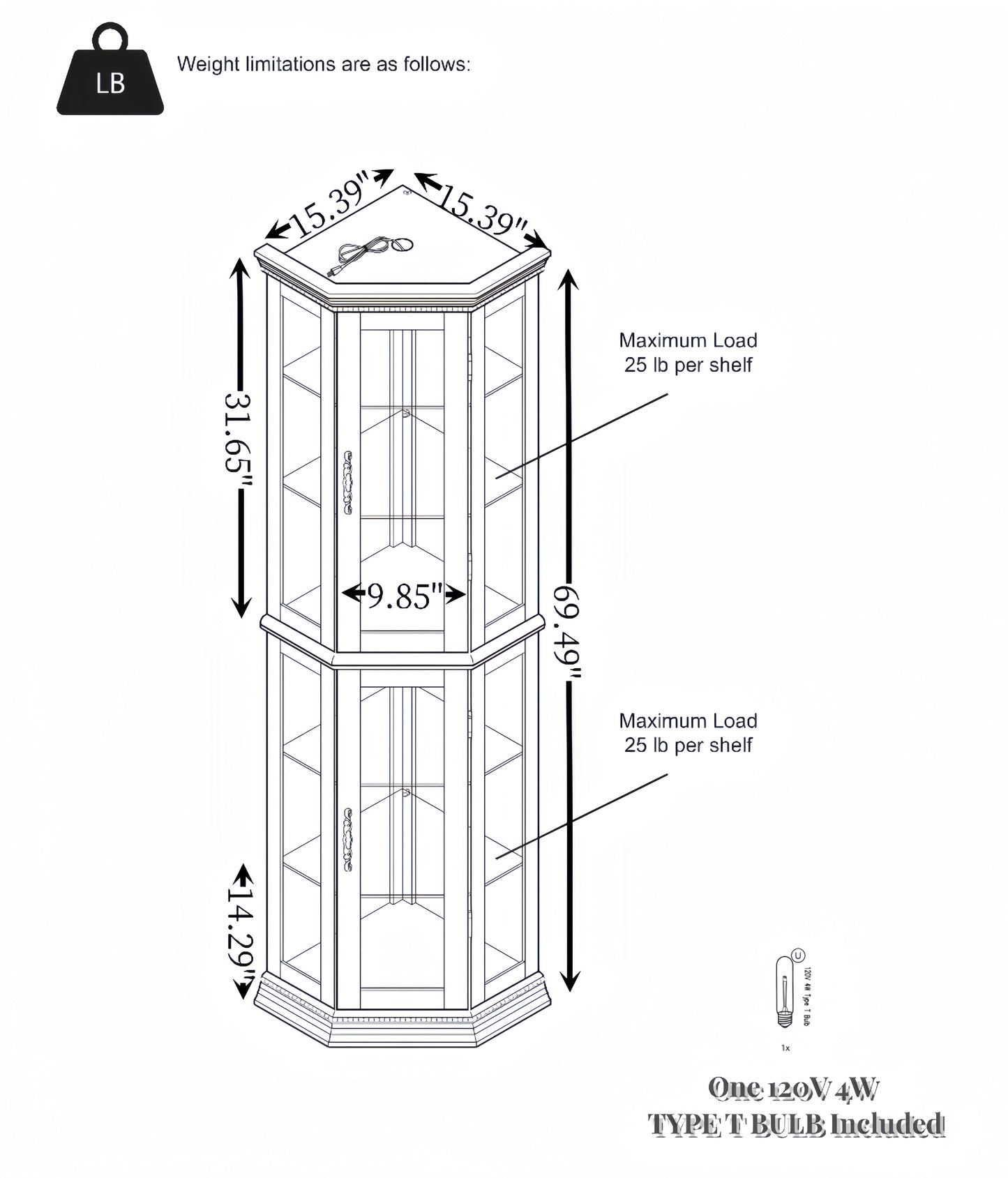 Corner Curio cabinet with illuminated glass display stand and tempered glass door, with adjustable bracket and light bulb