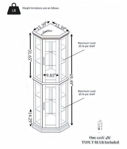 Corner Curio cabinet with illuminated glass display stand and tempered glass door, with adjustable bracket and light bulb