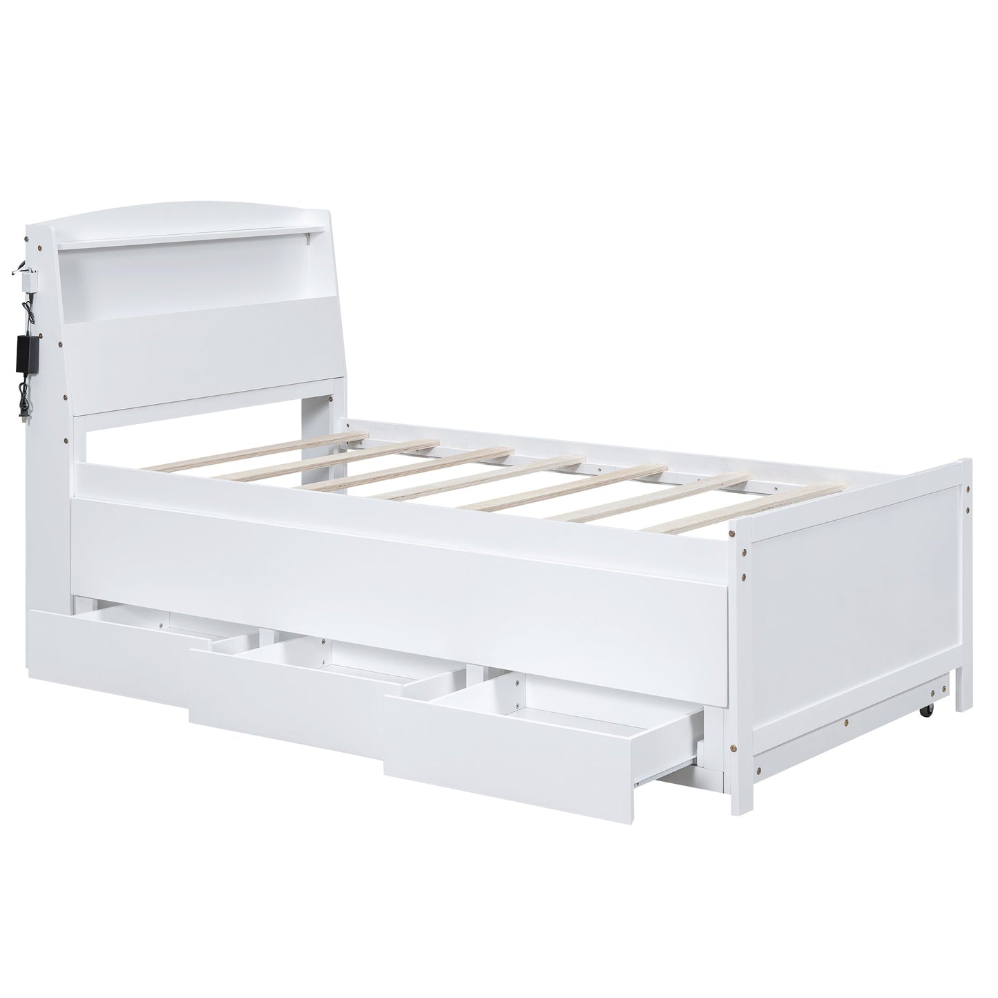 Twin Size Platform Bed with Storage LED Headboard Twin Size Trundle and 3 Drawers White