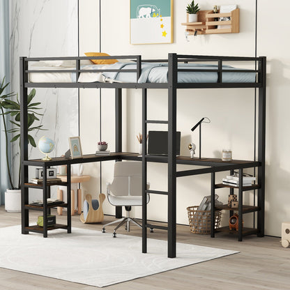 Full metal loft bed with desk and shelf, loft bed with ladder and guardrail, black with retro wood desk