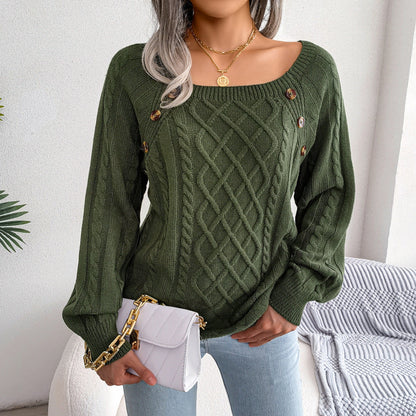 Square Neck Knitted Sweater Winter Long Sleeve Top