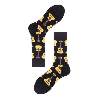 Men's Mid-calf Colorful Guitar Cat Face Cotton Socks