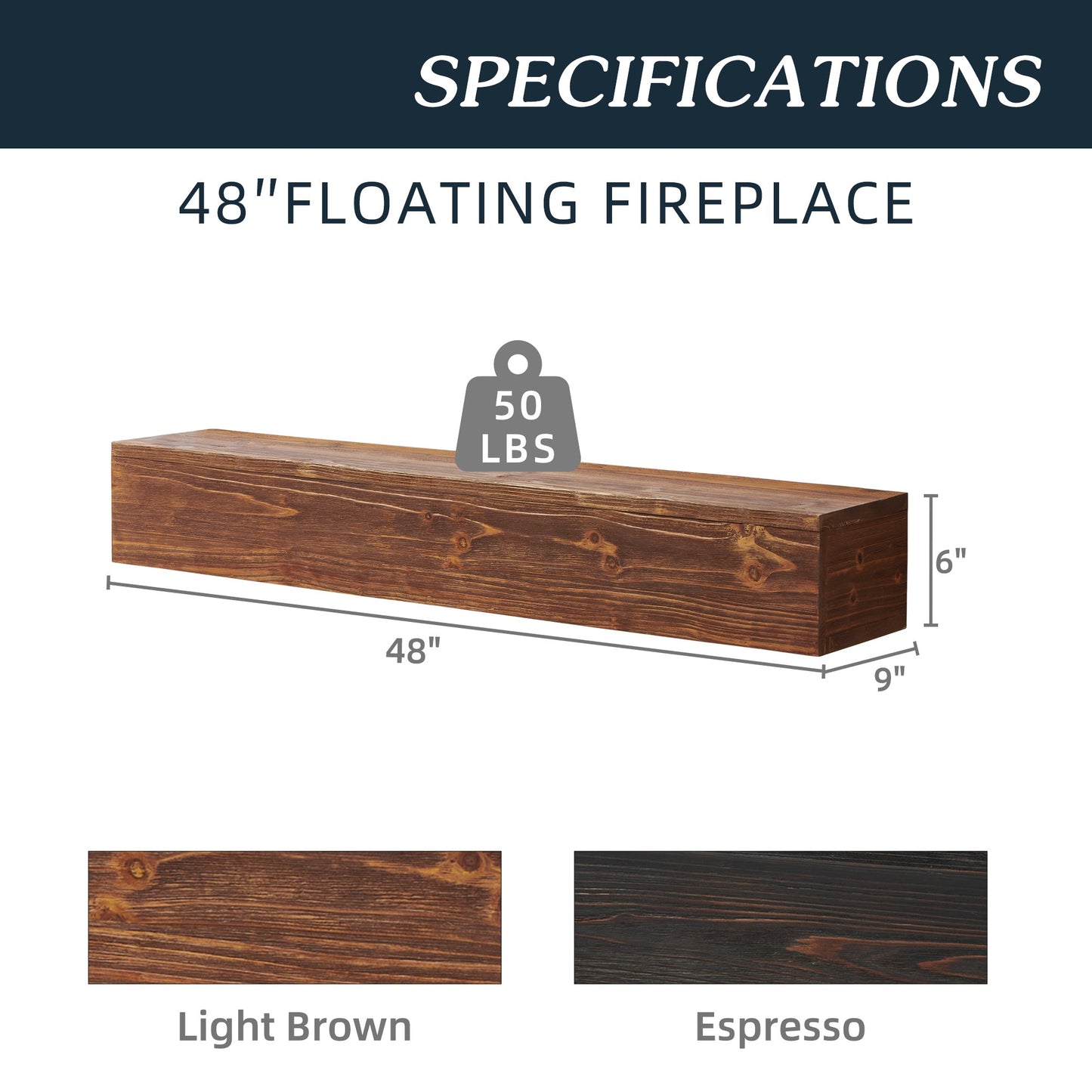 48" Rustic Wood Fireplace Mantel , Wall-Mounted & Floating Shelf for Home Decor