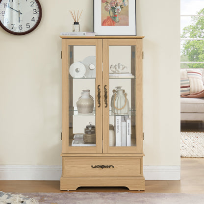 Light colored glass cabinet with adjustable glass frame, including cabinet light bulbs OAK with 2 doors and 1 drawer