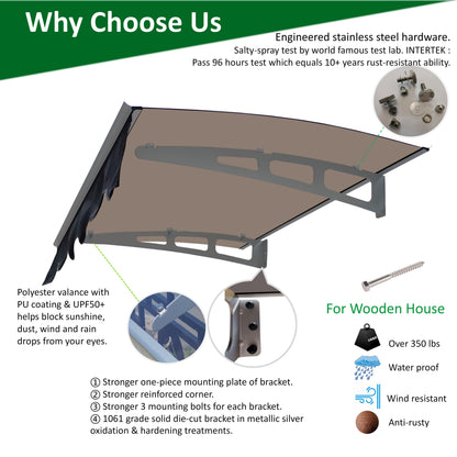DA4734W Series Door Window Awning Made of 0.137 Inch Thick Crystal Polycarbonate Sheet in size of 47" Wide x 34" Brown Roof