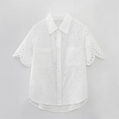 Summer NewStyle Women's Fashion Casual Short Sleeve Hollow Embroidered Shirt Shorts