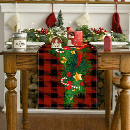 New Christmas table flag white linen bell printed tablecloth red and black checkered home decoration tablecloth pad
