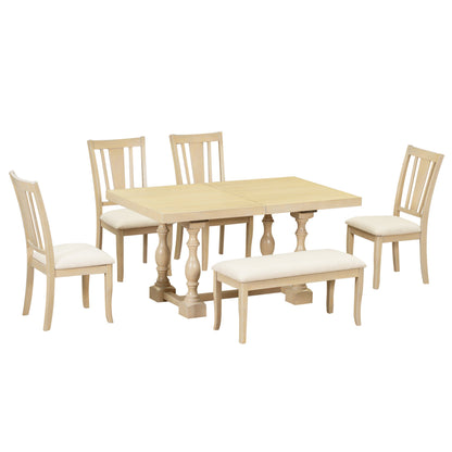 Traditional 6-Piece 78inch Trestle Extendable Dining Table Set with One 18inch Removable Leaf Padded Dining Chairs Bench,Natural