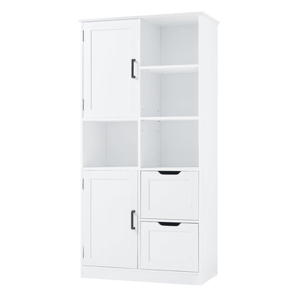Bathroom storage cabinet with doors and drawers, multiple storage spaces, independent, open adjustable shelves, white