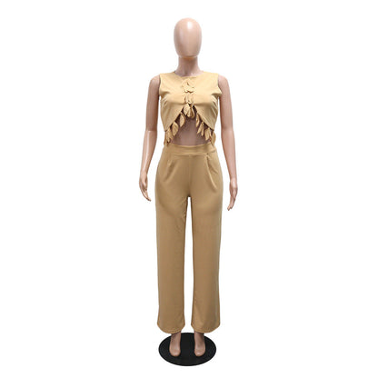 Round Neck Casual Sleeveless Sexy Top with Slim Long Pants Two-Piece Women's Set