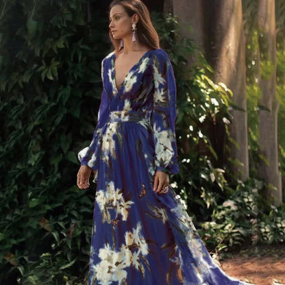 Winter New  Style V-Neck Long Sleeve Four-Way Stretch Printed Flared Dress