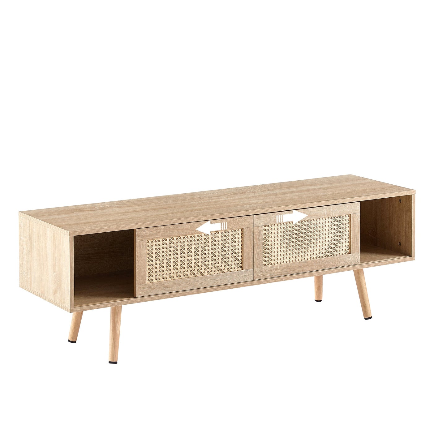 55.12" Rattan TV cabinet double sliding doors for storage adjustable shelf solid wood legs TV console for living room natural