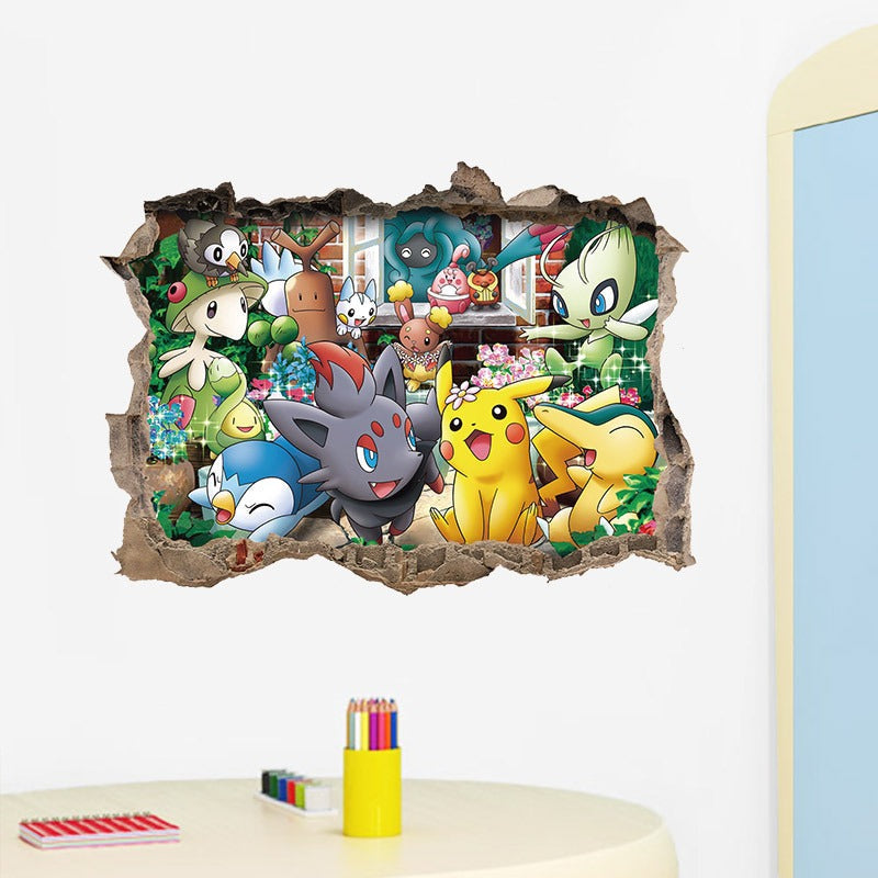 New 3D Pikachu Wall Sticker Pok é mon Wallpaper Self adhesive Cartoon Graffiti Anime Poster Children's Room PVC