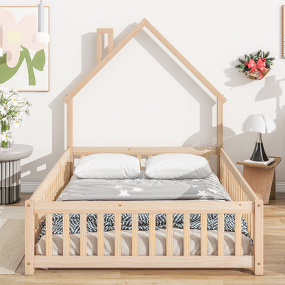 Full House-Shaped Headboard Floor Bed with Fence Natural
