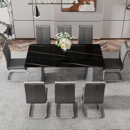 Modern minimalist dining table The black imitation marble glass desktop is equipped with silver metal legs
