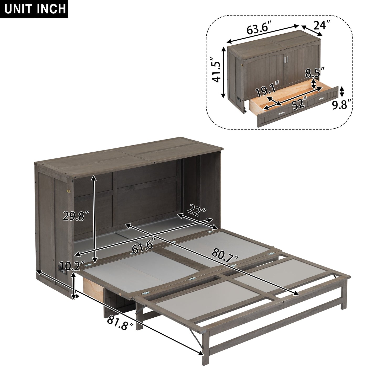 Queen Size Murphy Bed with Built-In Charging Station  Antique Grey
