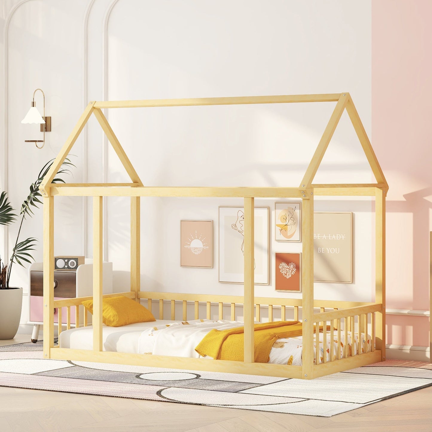 Twin Size Floor Wooden Bed with House Roof Frame and Safety Guardrails,Natural