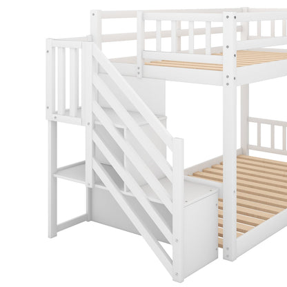 Twin over Twin Floor Bunk Bed, Ladder with Storage  White