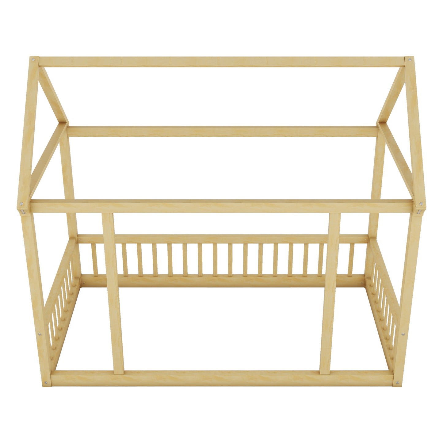 Twin Size Floor Wooden Bed with House Roof Frame and Safety Guardrails,Natural