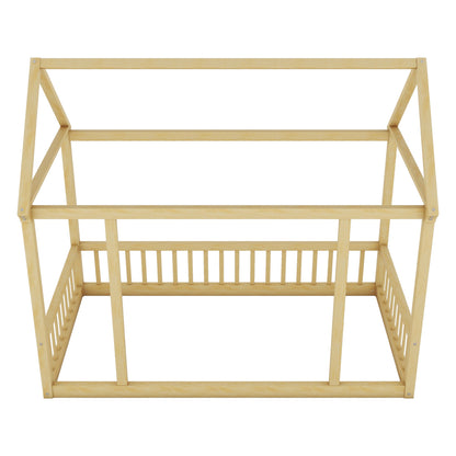 Twin Size Floor Wooden Bed with House Roof Frame and Safety Guardrails,Natural