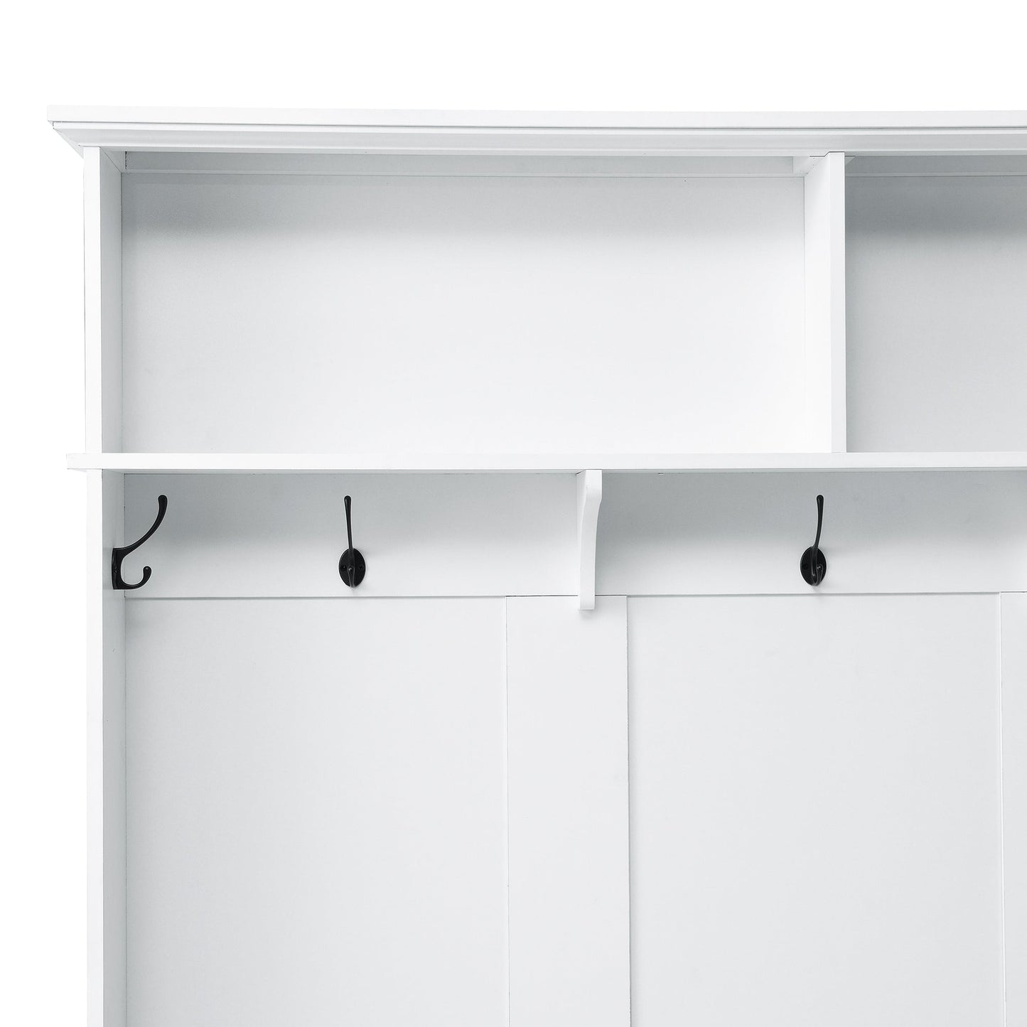 ON-TREND Modern Style Hall Tree with Storage Cabinet and 2 Large Drawers, Widen Mudroom Bench with 5 Coat Hooks, White