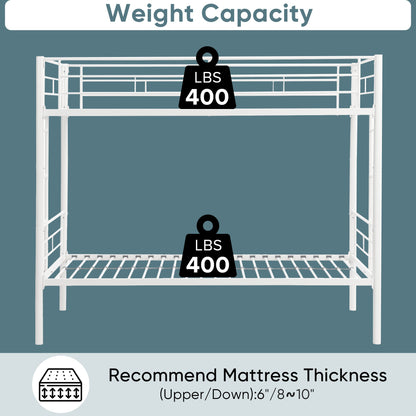 Twin metal bunk beds, metal structure bed frame with safety guardrails and 2 ladders, convertible bunk beds, white