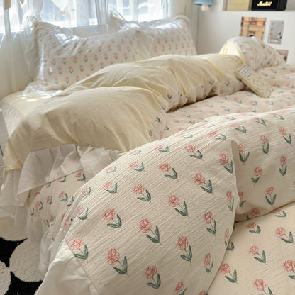 Skin friendly French romantic lace washed cotton printed bed bedding skirt four piece set of bed sheets bedsheet