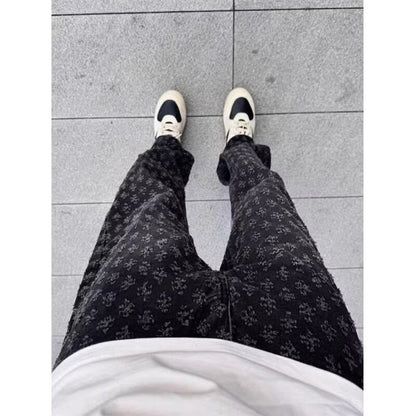 High Street Hip Hop Trousers, Trendy Brand Cool and Handsome Jacquard Full Print Jeans for Men, American Style Vibe Straight Leg Pants