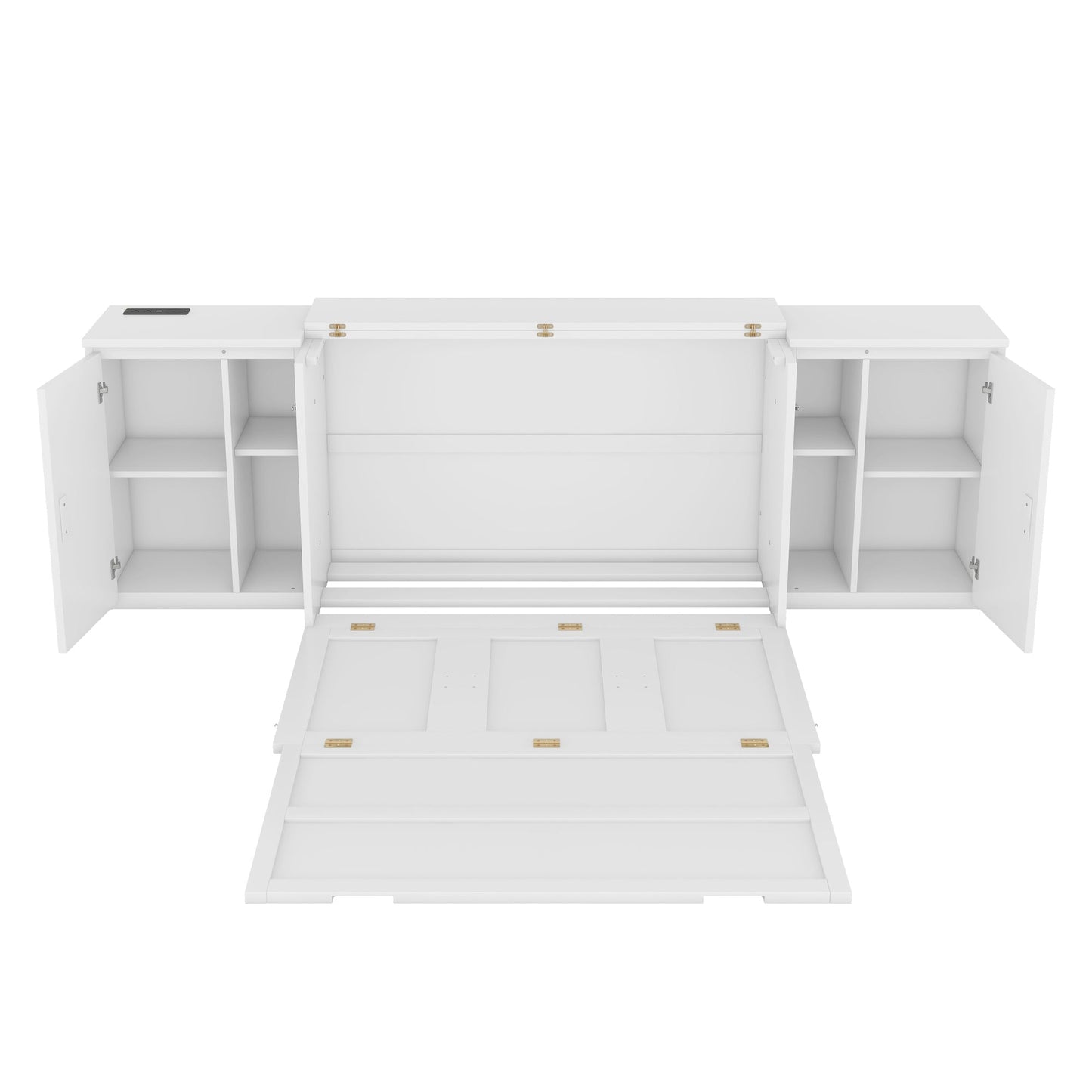 Full Size Murphy Bed with Shelves, Cabinets and USB Ports,White