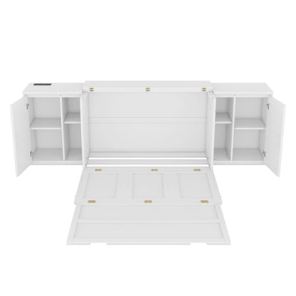 Full Size Murphy Bed with Shelves, Cabinets and USB Ports,White