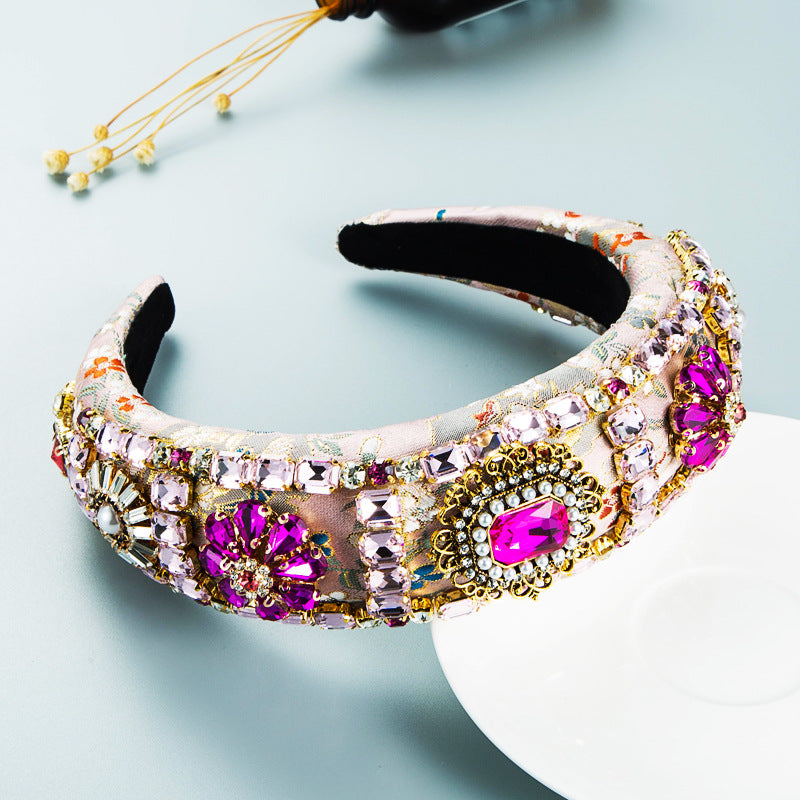 Hair Hoop Baroque Court Style Heavy Industry Full Drill Hoop Thickened Sponge Embroidery Wide-Brimmed Prom Hair Accessories