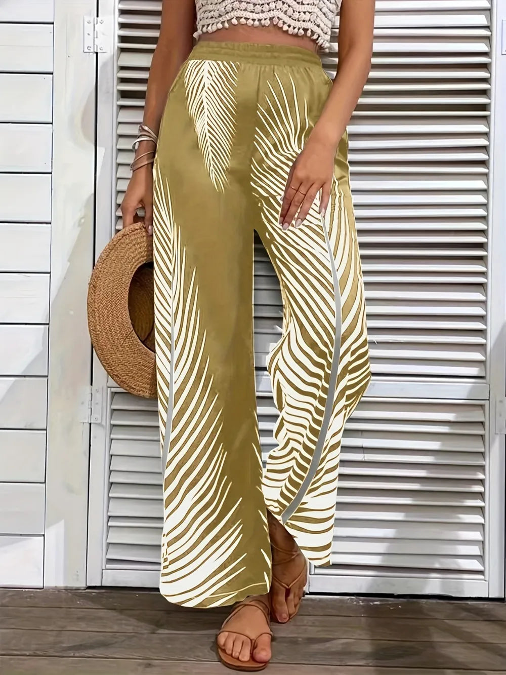 Fashionable and elegant striped leaf positioning printed wide leg pants for women