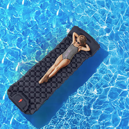 Outdoor double inflatable sleeping pad – with built-in pillow & pump, for camping, backpacking, hiking.