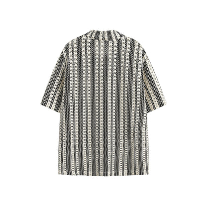 Summer Beige Black Colorblock Turnover Neck Shirt
