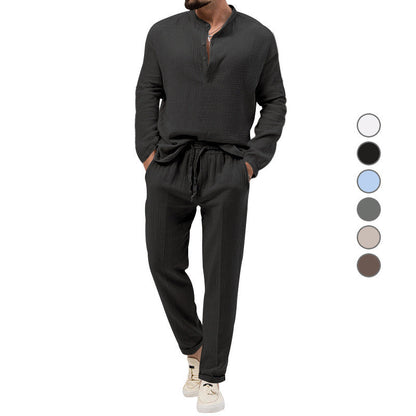 Solid Color Casual T-shirt Long Sleeve Shirt Trousers Set