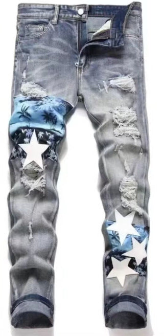 Punk Retro Blue Ripped Slim Fit Men's Jeans