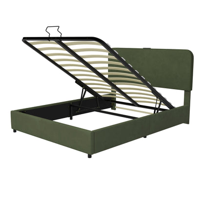 Large hydraulic storage bed with soft cushion lifting storage bed with RGB LED lights, Bluetooth speaker lychee velvet, green