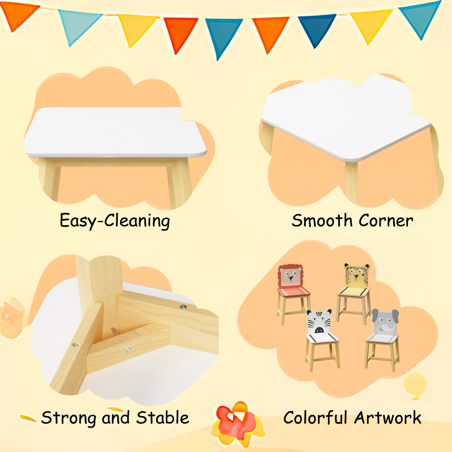 5 Piece Kiddy Table and Chair Set  Kids Wood Table with 4 Chairs Set Cartoon Animals (bigger table) (3-8 years old)