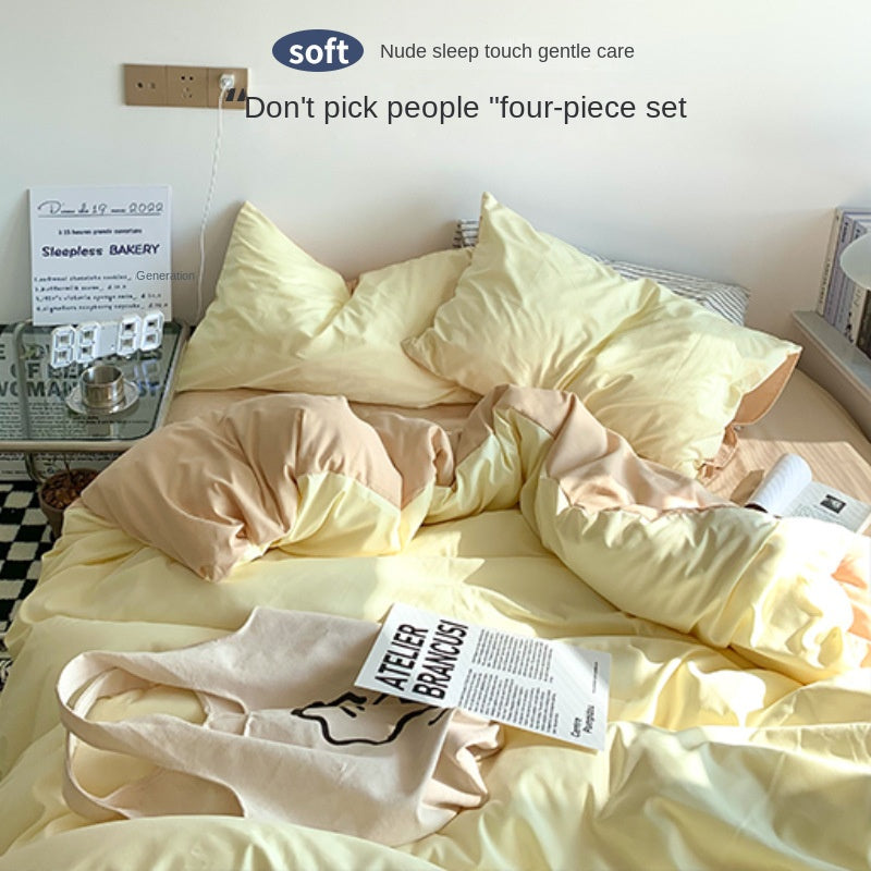 Solid Color Simple Four-Piece Set Flannel Quilt Cover INS Style Quilt Cover Dormitory Summer Washed Cotton Bedding Three-Piece Set