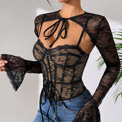 Lace sexy mesh see through backless long sleeved shawl new two-piece set spicy girl camisole vest